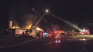 Victoria firefighters respond to a fire at the Islamic Center of Victoria on Saturday, Jan. 28 in Victoria, Texas. The early-morning fire Saturday destroyed the mosque that was a target of hatred several years ago and experienced a burglary just a week ago. (Barclay Fernandez/The Victoria Advocate via AP)